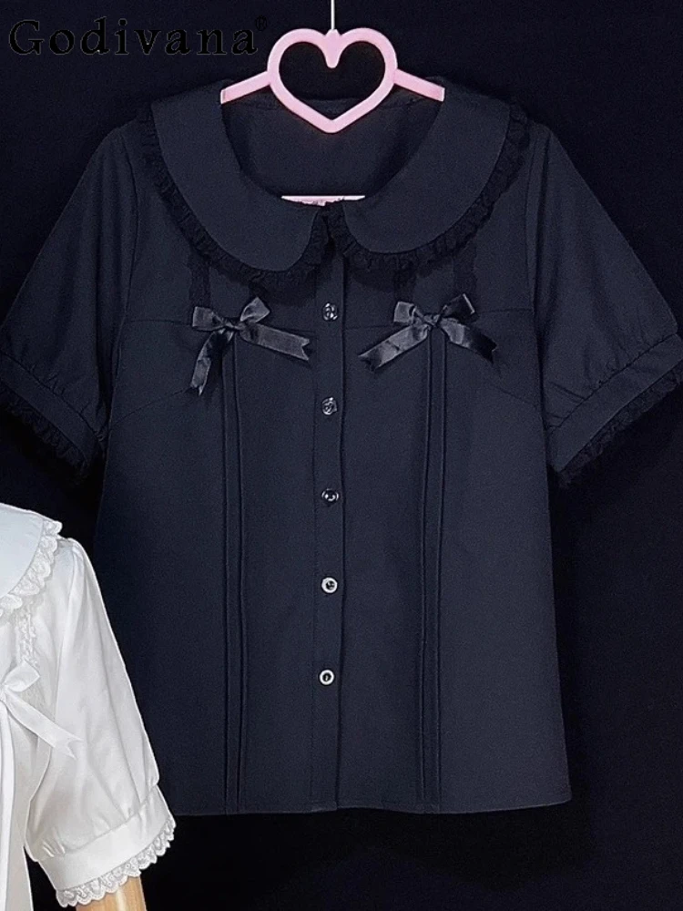 

Summer Short Sleeve Sweet Peter Pan Collar Lolita Bottoming Shirt Jk Elegant Girl Cute Loose Black Versatile Age Reduction Top