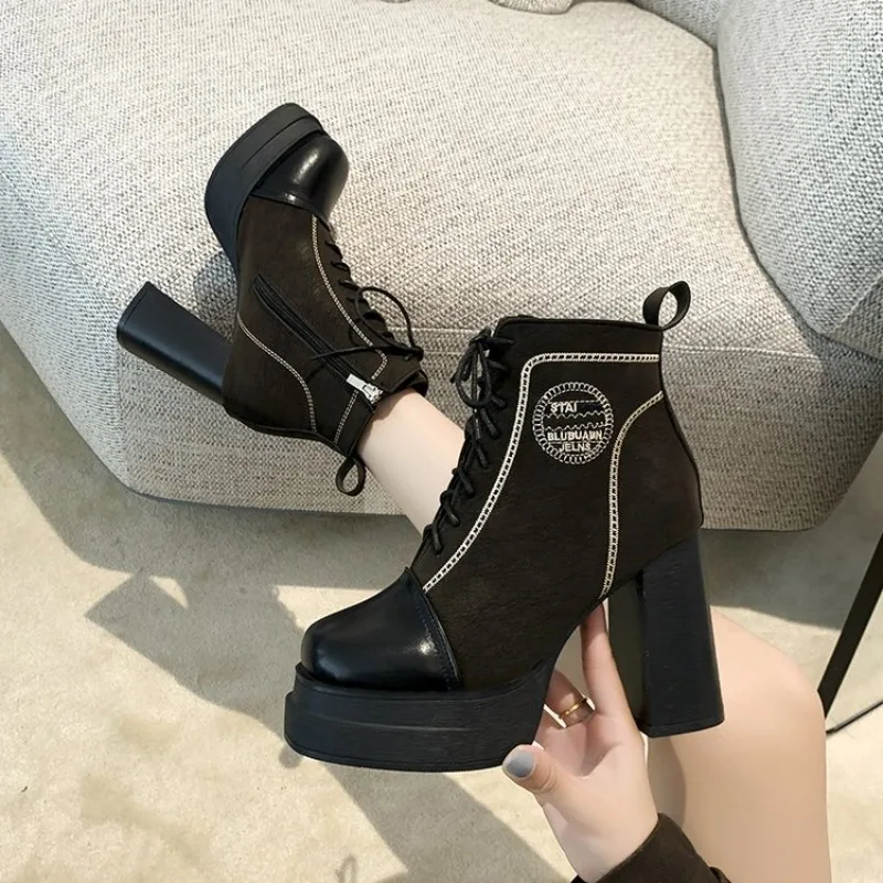 Women's Platform Ankle Boots Chunky High Block Heel Square Toe Mixed Texture Lace-Up Contrast Stitching Side Zipper Party Shoes