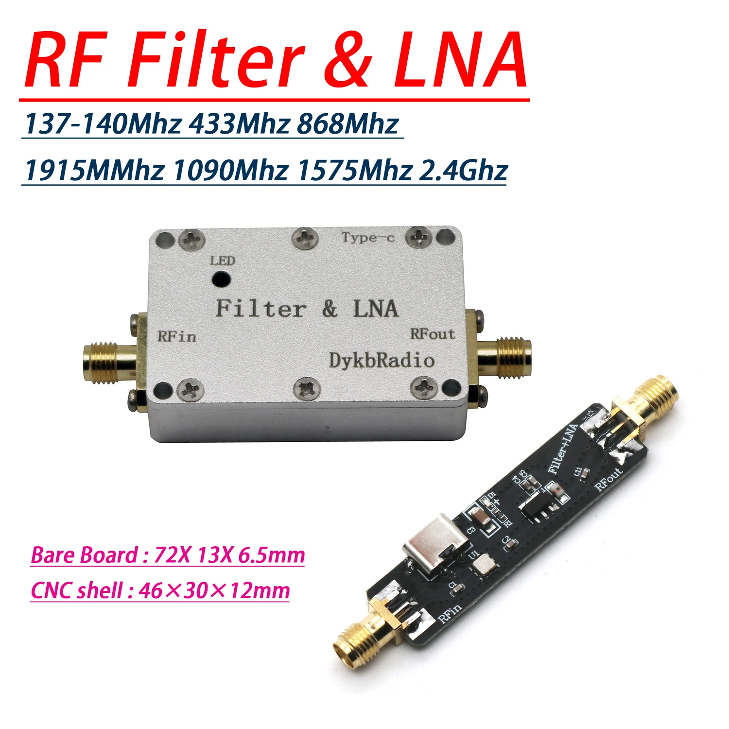2in1 SAW LC Filter LNA 137M 433M 868M 915M 1090M 2.4G 5.8G RF BPF Band-pass Filter F/ Helium Miner SDR Radio Low Noise Amplifier