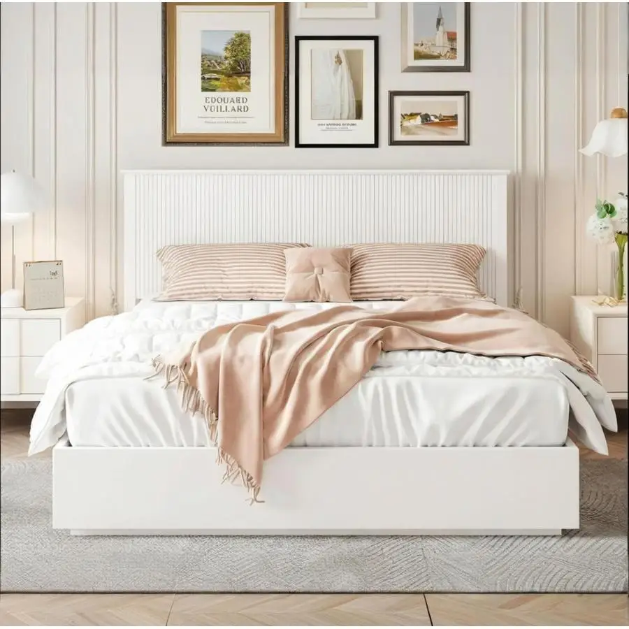 Stylish King Size Bed Frame - White Solid Wood King Bed, 600lbs Weight Limit, Compatible with 8 - 10
