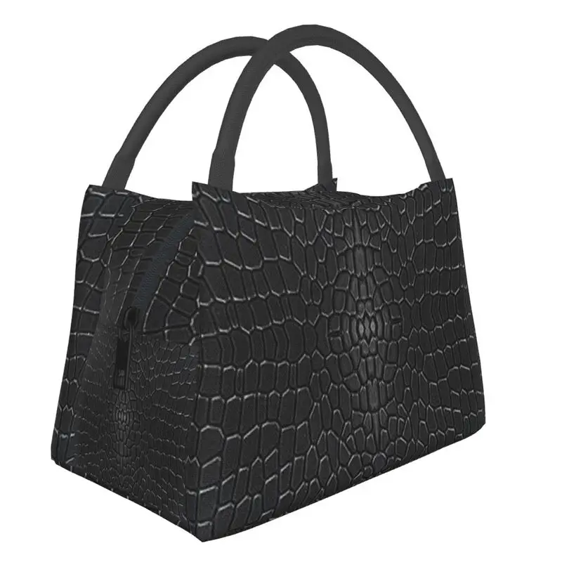 

Black Crocodile Skin Leather 3D Print Insulated Lunch Tote Bag for Women Alligator Texture Resuable Thermal Cooler Bento Box