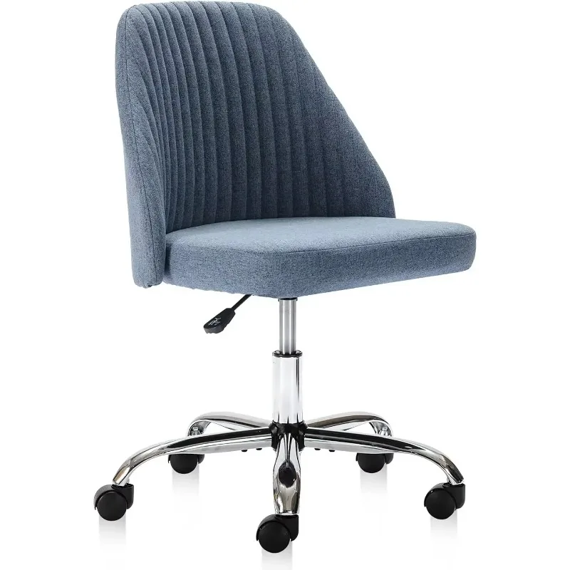 HOMEFLA Home Office Modern Linen Swivel Task Upholstered Fabric Desk Chair Armless with Wheels, Middle, Blue