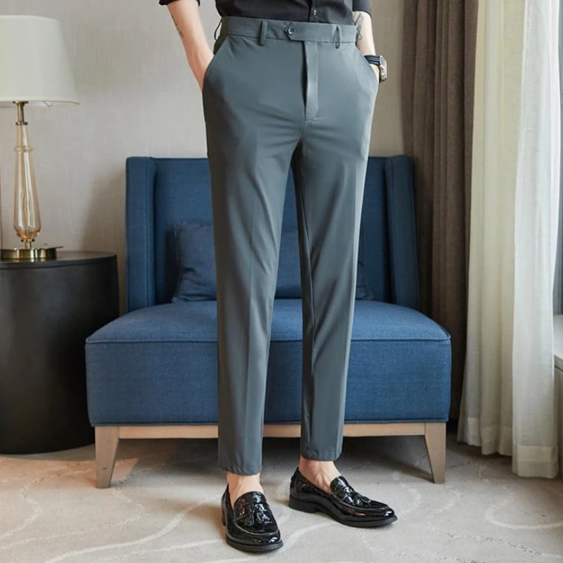 

Ice Silk Elastic Cooling Slim Fit Male Suit Trousers Fashion Summer 2025 Vintage Slacks Anti-wrinkle Men's 9 Cropped Suits Pants