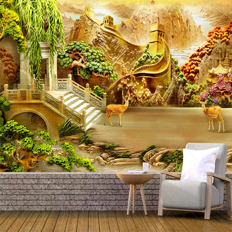 

Пользовательские 3d китайский стиль Великая стена павильон настенные обои фу Лу гостиная рельефная фреска олень 8D гостиная ТВ фон