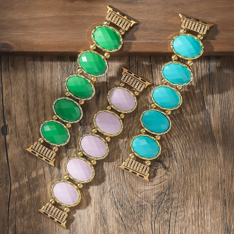 Elegant Oval Gemstone Bracelet for Apple Watch Band 40mm 44mm 41 42 45 46 49 Women Smart Watch Strap