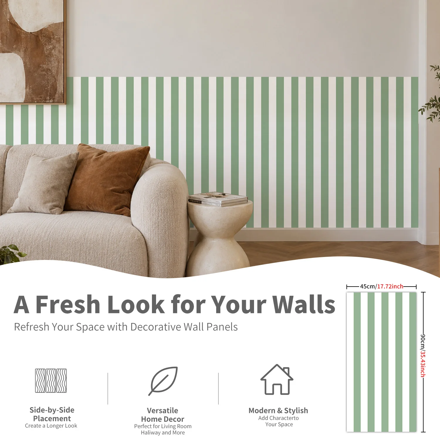 Striped Wall Sticker, Sage Green Vertical Stripe, Matte Texture, Fresh Wainscoting Decor for Home