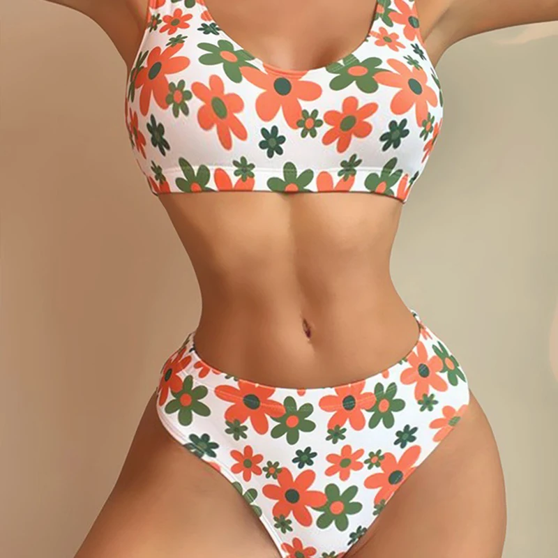 Conjunto de Bikini de realce para mujer, traje de baño acolchado con estampado de flores, de corte alto, novedad de 2023