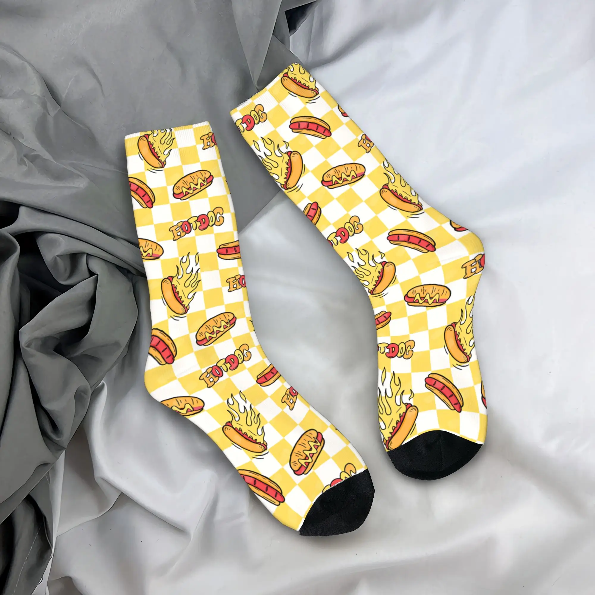 Checkered Background Fire Hot Dog Seamless Pattern Socks  Casual Stockings Men Comfortable Outdoor Sports Socks Non Slip Socks