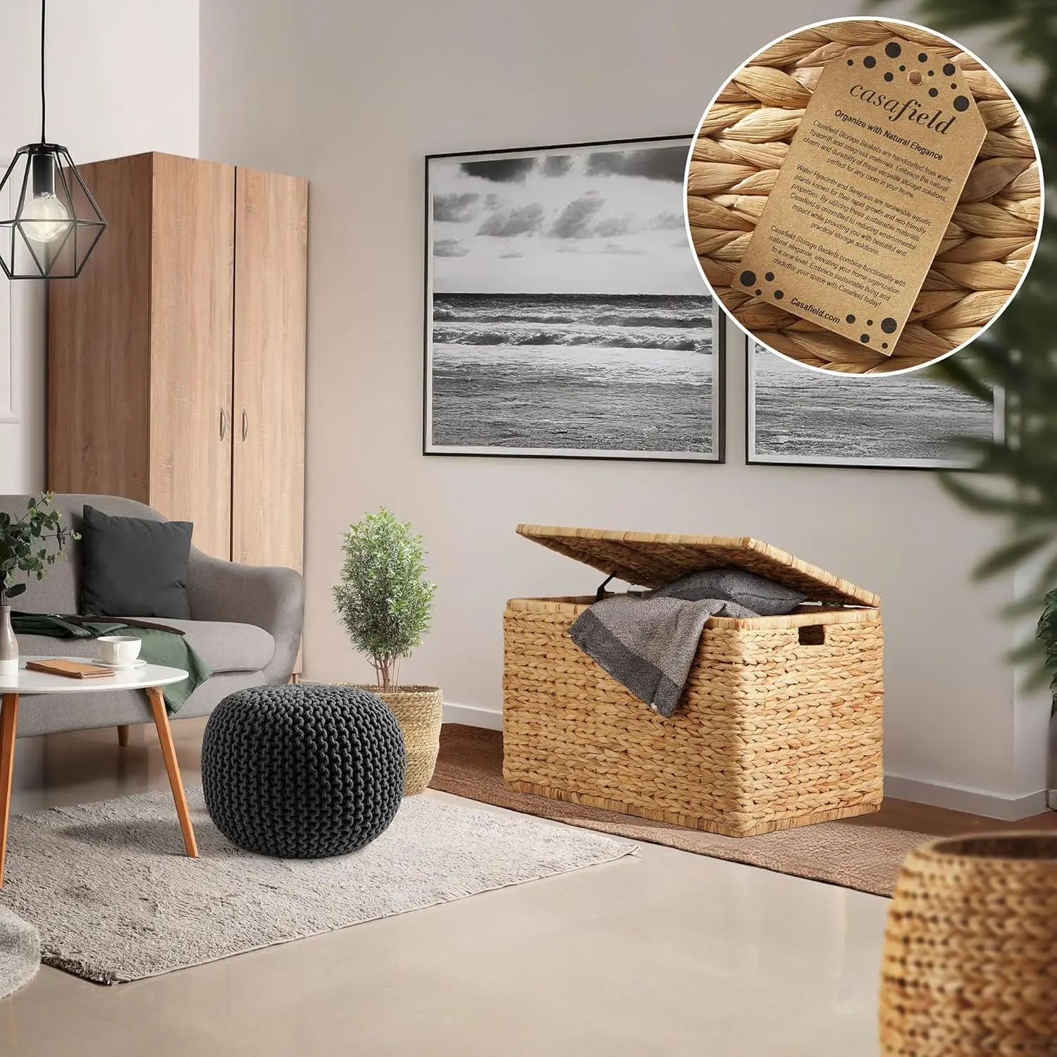 Casafield Cómoda de almacenamiento de 30" con tapa, asas y bisagra de seguridad - Baúl de almacenamiento de mimbre natural y jacinto de agua para entrada