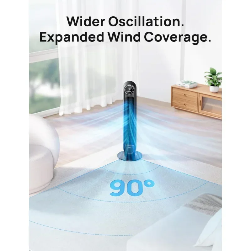 Quarto QWTower, ventilador de chão silencioso com velocidade de 25 pés/S, 90 °     Ventiladores oscilantes para ambientes internos com 4 velocidades, 4 modos, temporizador 8H,