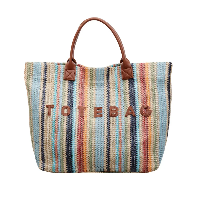 2026 New Summer Women's Color Block Bag, Unique Design Woven Straw Bag, Large Capacity Fashion Tote Bag