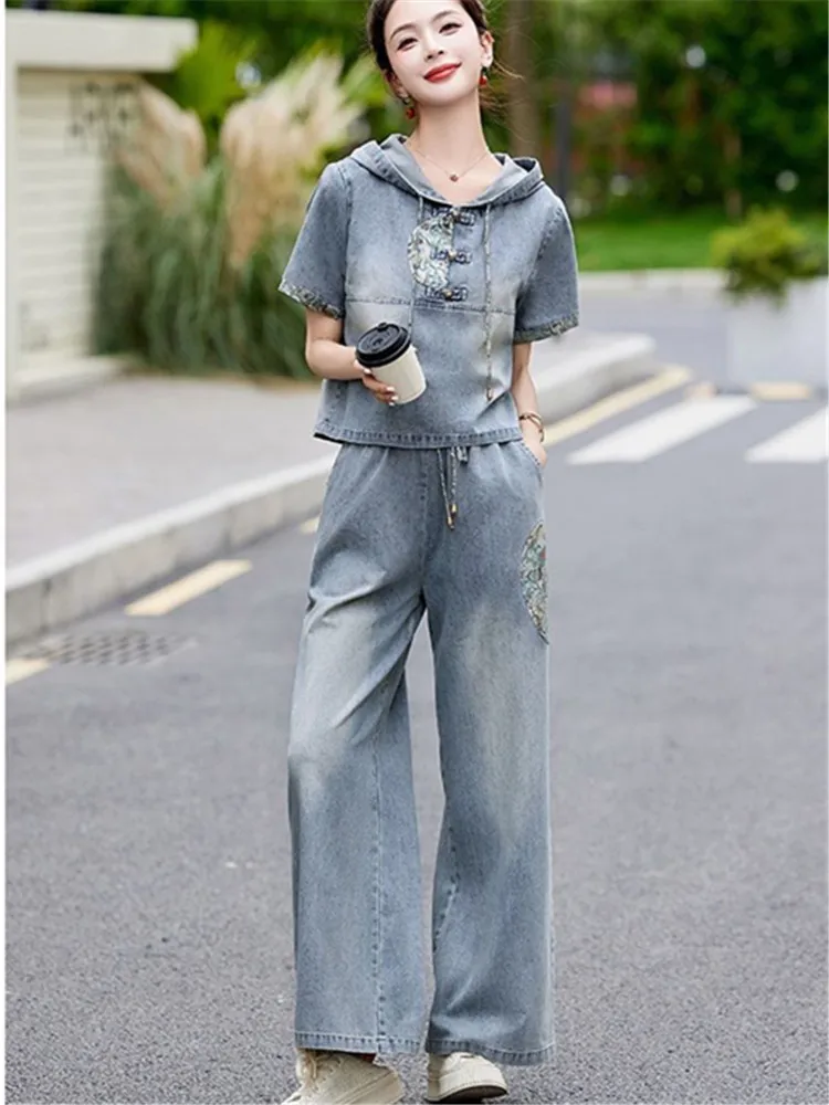 2024 Summer New Chinese Style Denim Two-piece Sets Women Clothes Casual Embroidery Streetwear Ladies Short Sleeve Hooded Suit