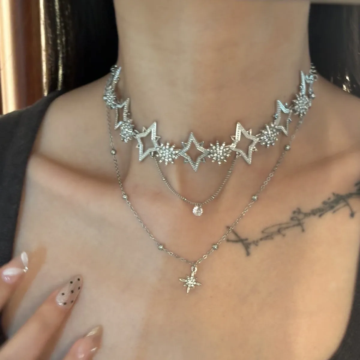 Shiny Star Pendant Layered Necklace Y2k Jewelry for Women 2025 Fashion Pentagram Silver Color Choker Chain Zircon Charm Necklace