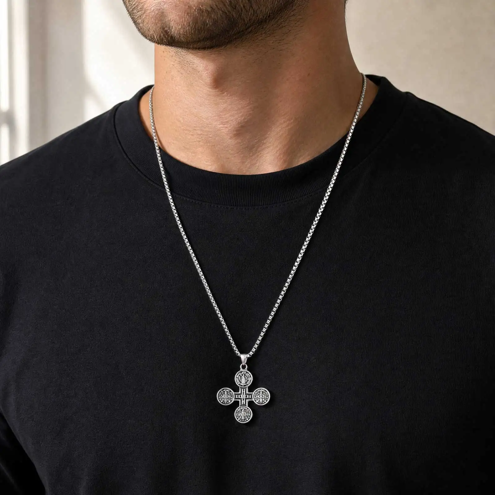 Saint Benedict Pendant Necklace for Men,Stainless Steel Religious Cross Pendant Necklace,Faith Prayer Jewelry
