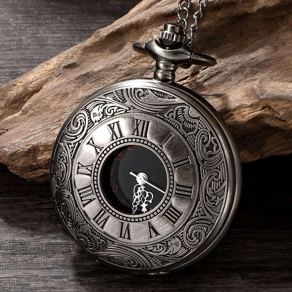 Roman Numerals Quartz Pocket Watch Men Women Hollow Case Steampunk Vintage Pendant Necklace Best Gifts for Men Women