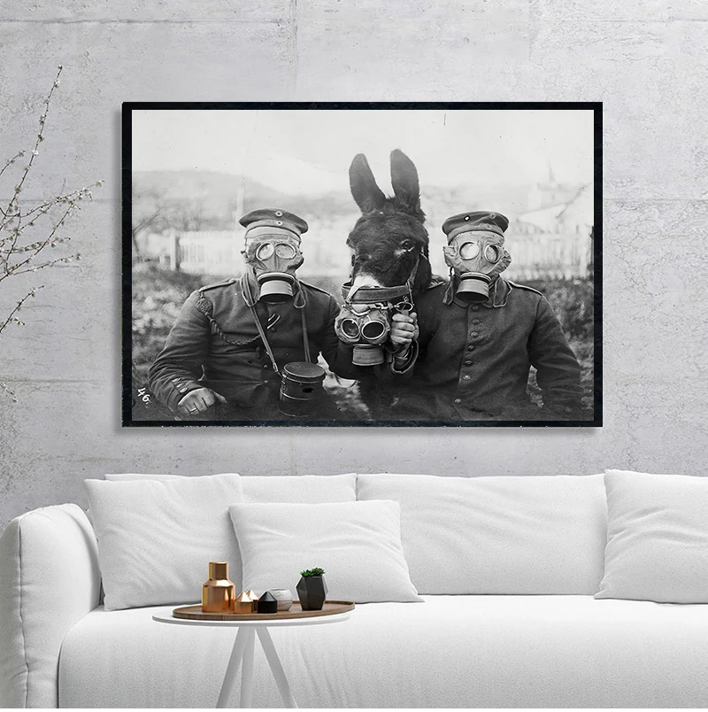 World War I Black White Photo Poster Prints A Donkey and Two German Soldiers Antique Photography Wall Art Canvas Painting Decor