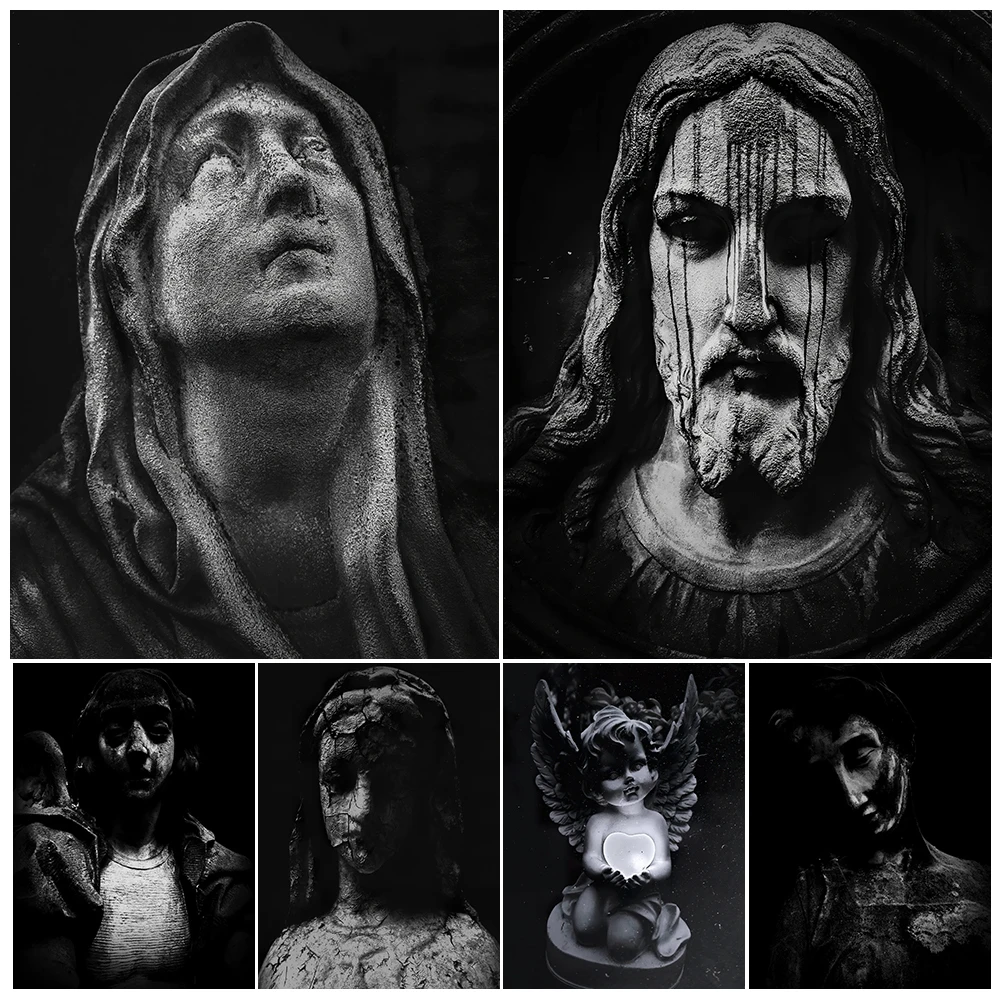 

Crumbling Statues In The Cemetery Vintage Wall Art Canvas Painting Madonna,Jesus,Cherubs Statues Art Poster And Print Home Decor