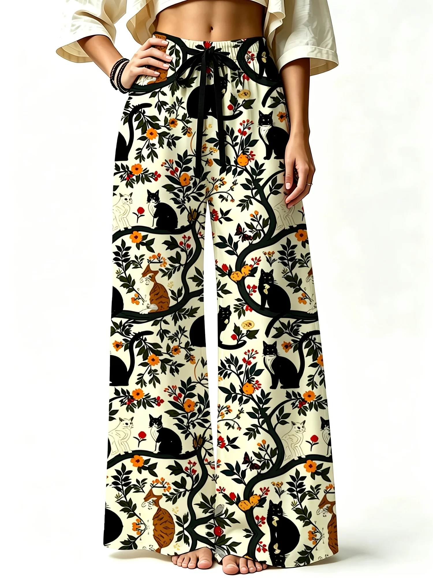 Women'S Plus Size Long Pants with Cute Cat And Bird Print, Retro Nature Theme, Comfortable Fit for Casual Wear And Leisure