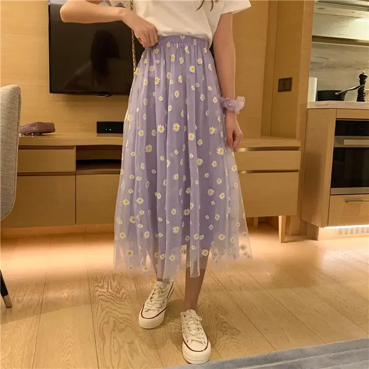 Wedbleser 2025 Sweet Skirt Korean Version Medium Long Fairy Daisy Ins Long Summer New Mesh Skirts Women