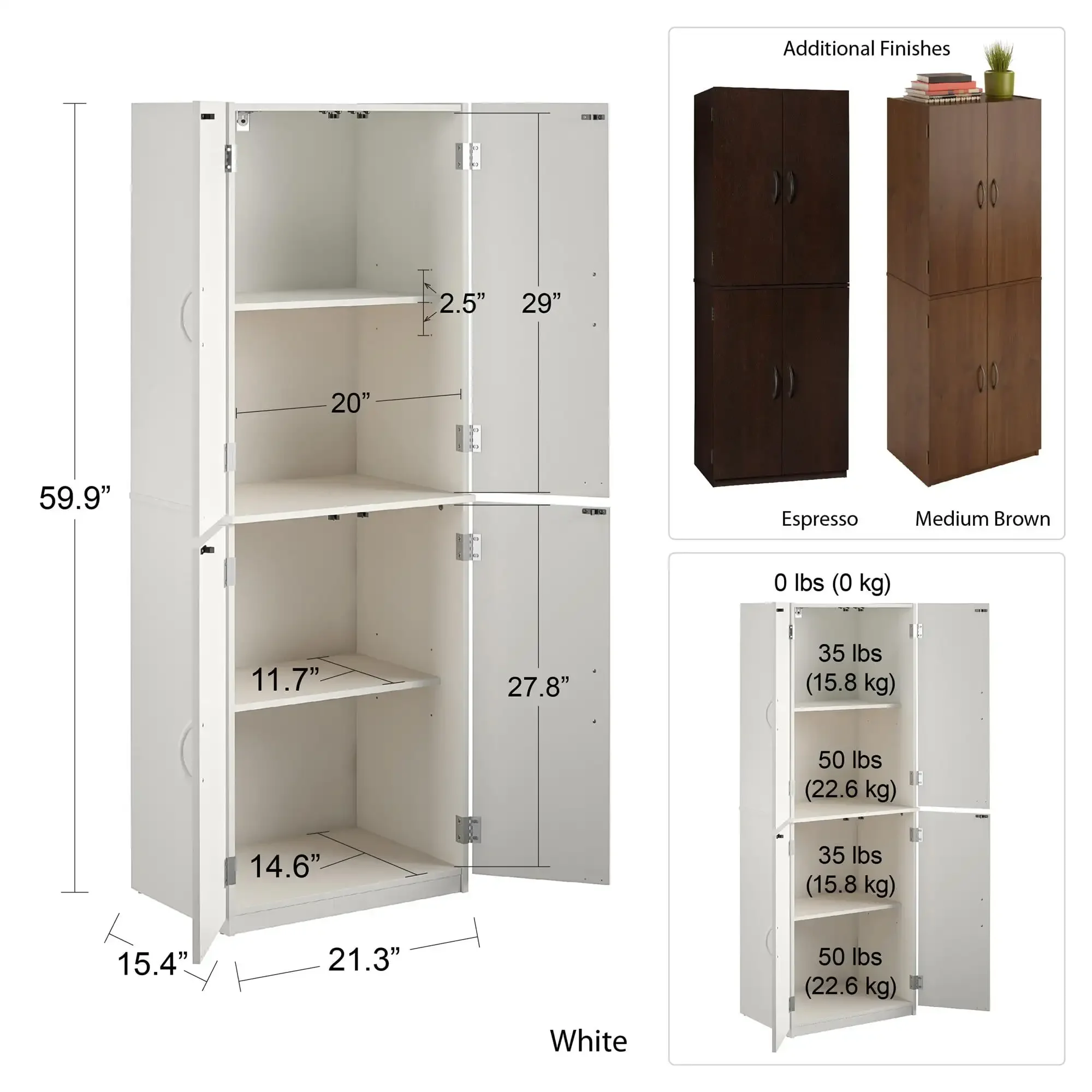 4-Door 5' Storage Versatile Cabinet w/ 2 Adjustable Shelves and 2 Fixed Shelves, made of Laminated Particleboard,Walnut