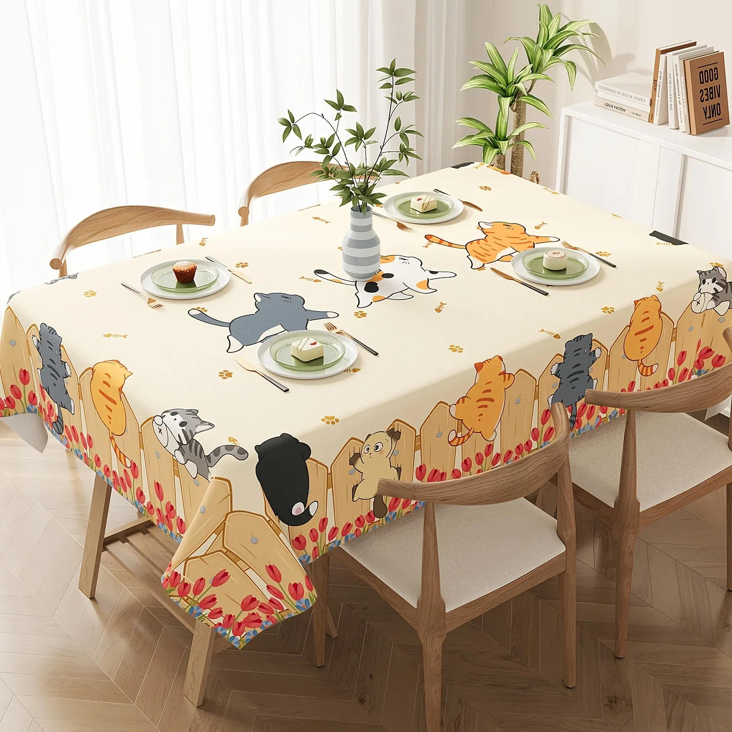 1pc Cartoon Cat Pattern Tablecloth Cream Yellow Printed Table Cover For Dining Room Kitchen Decorative Dustproof Oilproof