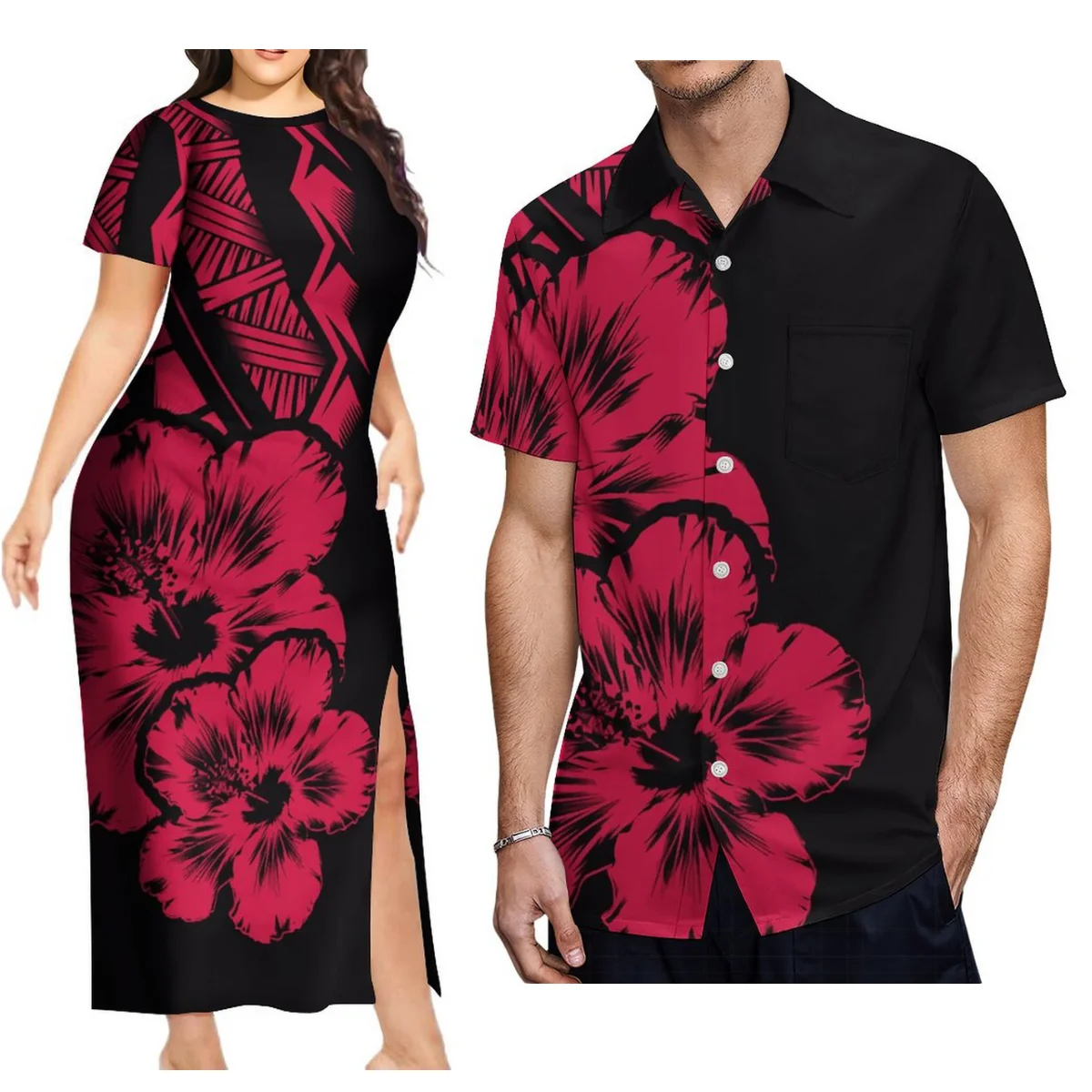 

Summer Custom On-Demand Women'S Fashion Dress Polynesian Island Sheath Split Dress With Hawaiian Men'S Casual Shirt