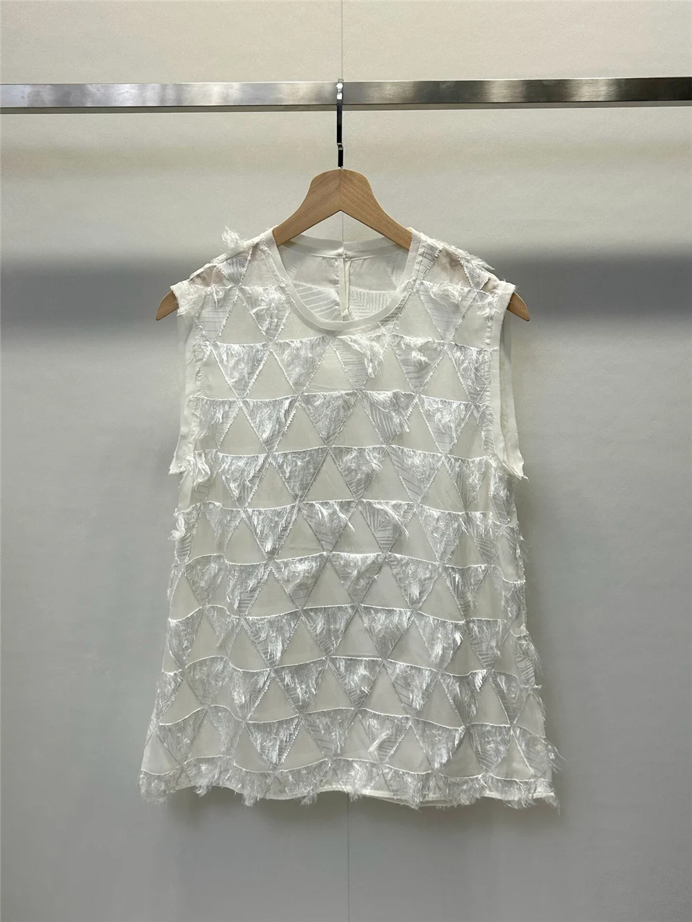 Women's Summer Semi-Sheer Diamond-Patterned Silk Tank Top with Tassels