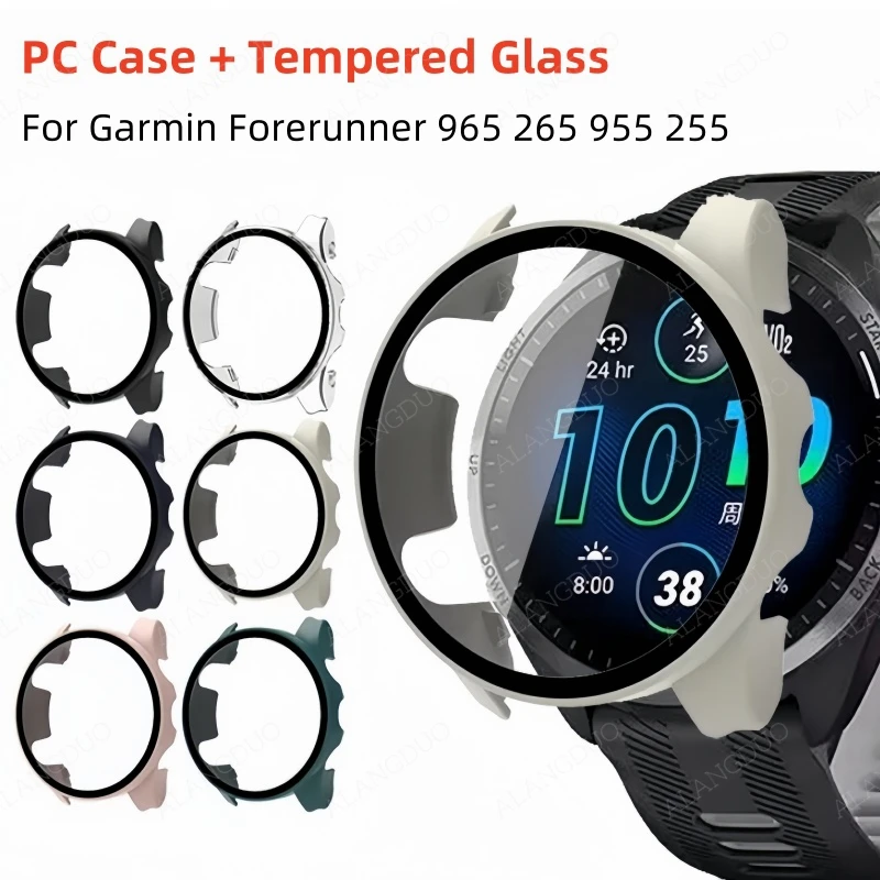 For Garmin Forerunner 965/265 PC Cover Anti Fall Screen Protector For Garmin Forerunner 965 955 265 255 PC Case+Tempered Glass