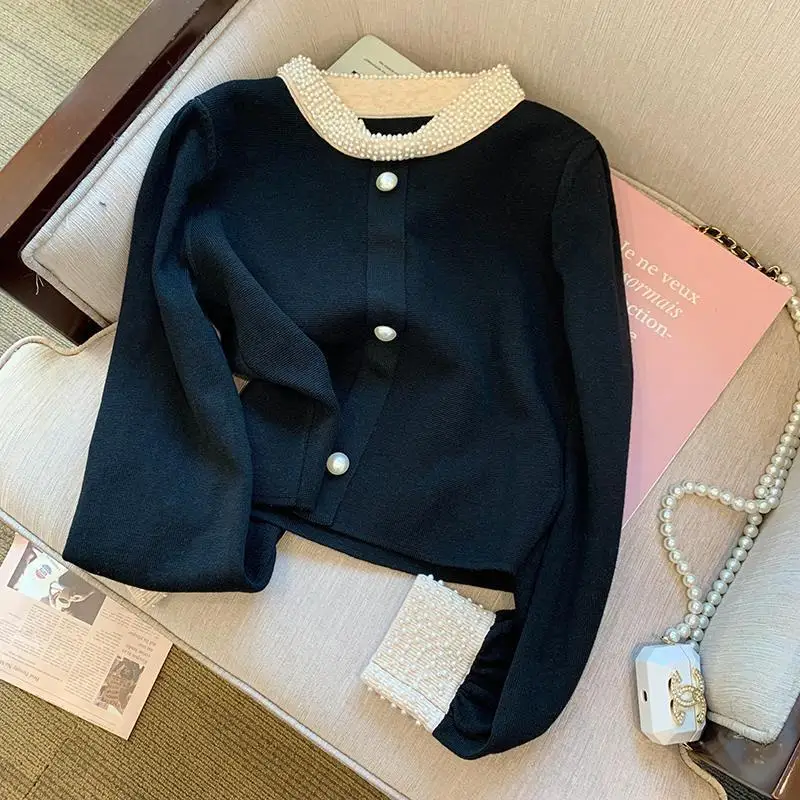 French sle Design Sense Heavy Industry Pearl Black Graceful Sweater Women Autumn and Winter  Socialite Sle Western S...