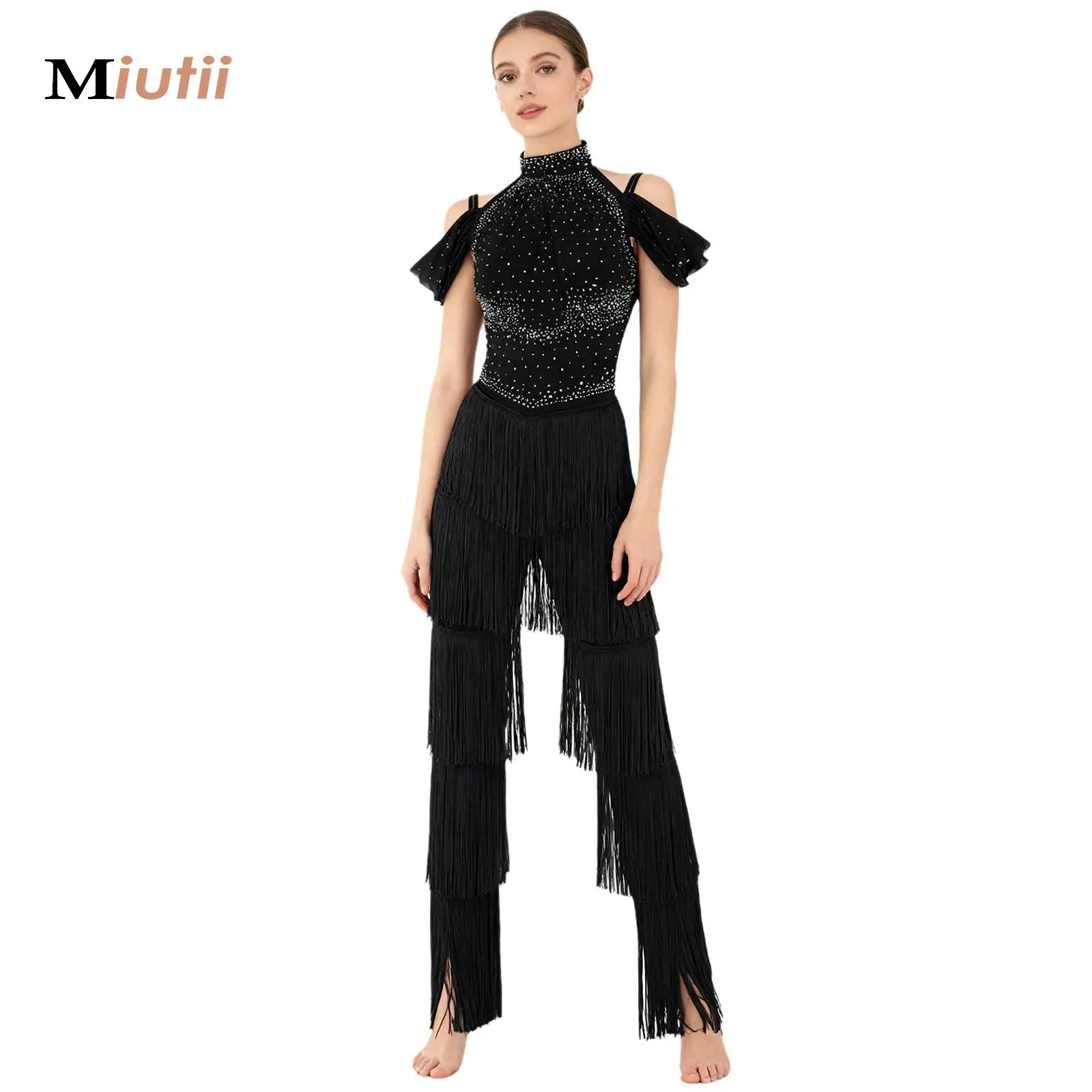 

Latin Dance Dresses For Women Ballroom Fringe Tassel Rompers Jumpsuit Rhinestones Fringe Cha-cha Salsa Samba Performance Costume