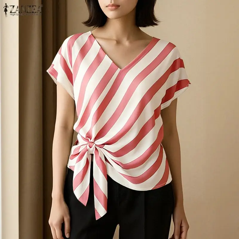 

Fashion Shirts ZANZEA Women Elegant Blouse Striped Summer Print Office Lady Streetwear Tops Short Sleeve Bandage Pleated Blusas