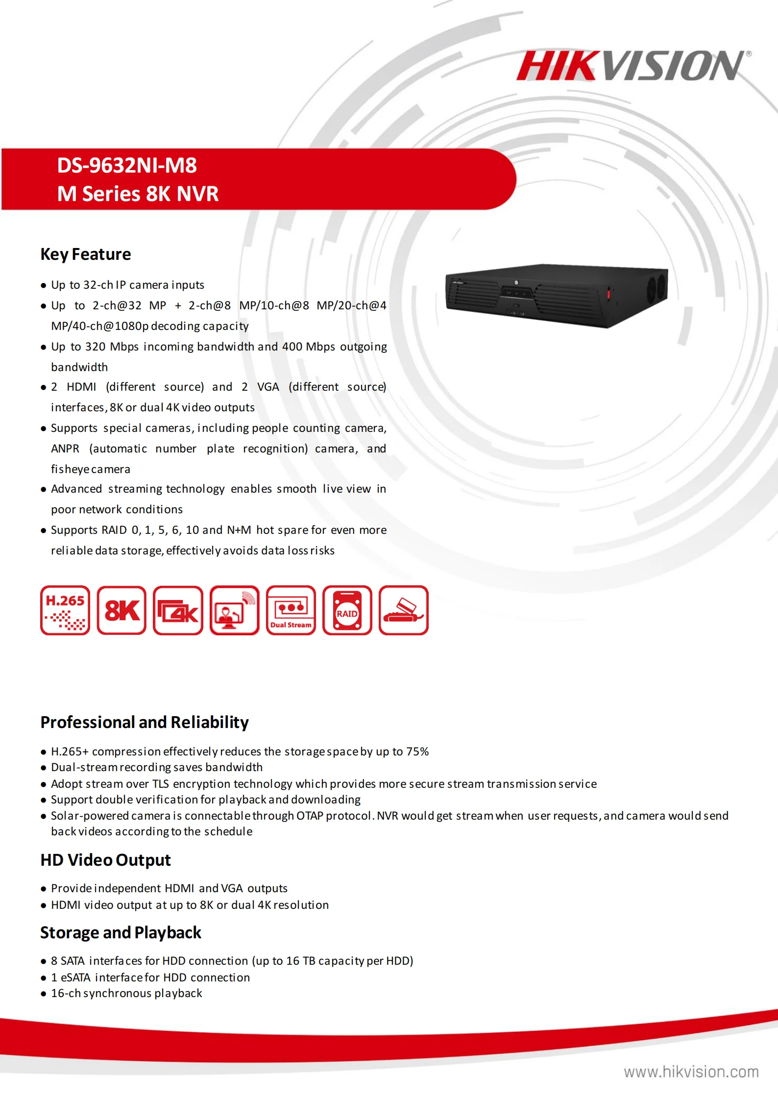 Hikvision 32ch 8K NVR 2U DS-9632NI-M8 8SATA 400 Mbps RAID 2HDMI 2VGA ONVIF eSATA