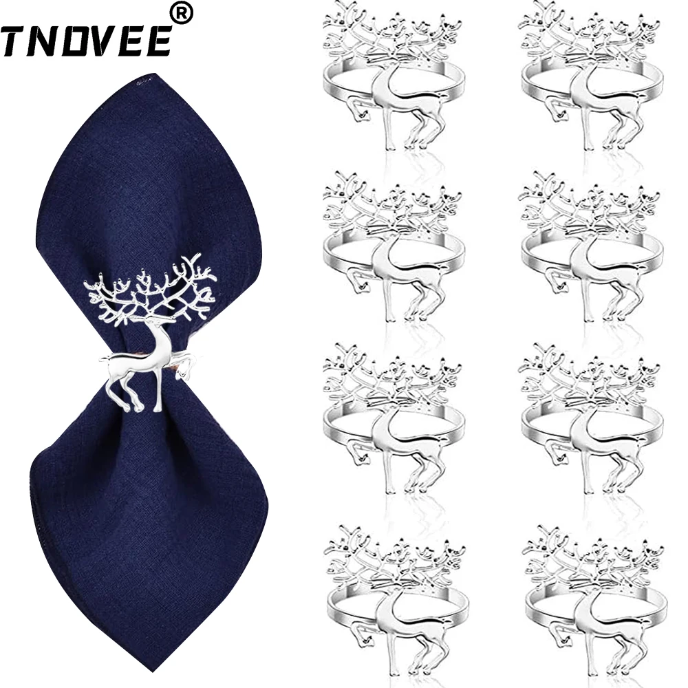 8Pcs Silver Deer Napkin Rings Christmas Napkin Holders Metal Elk Serviette Buckles for Christmas Wedding Party Dinner Table Deco