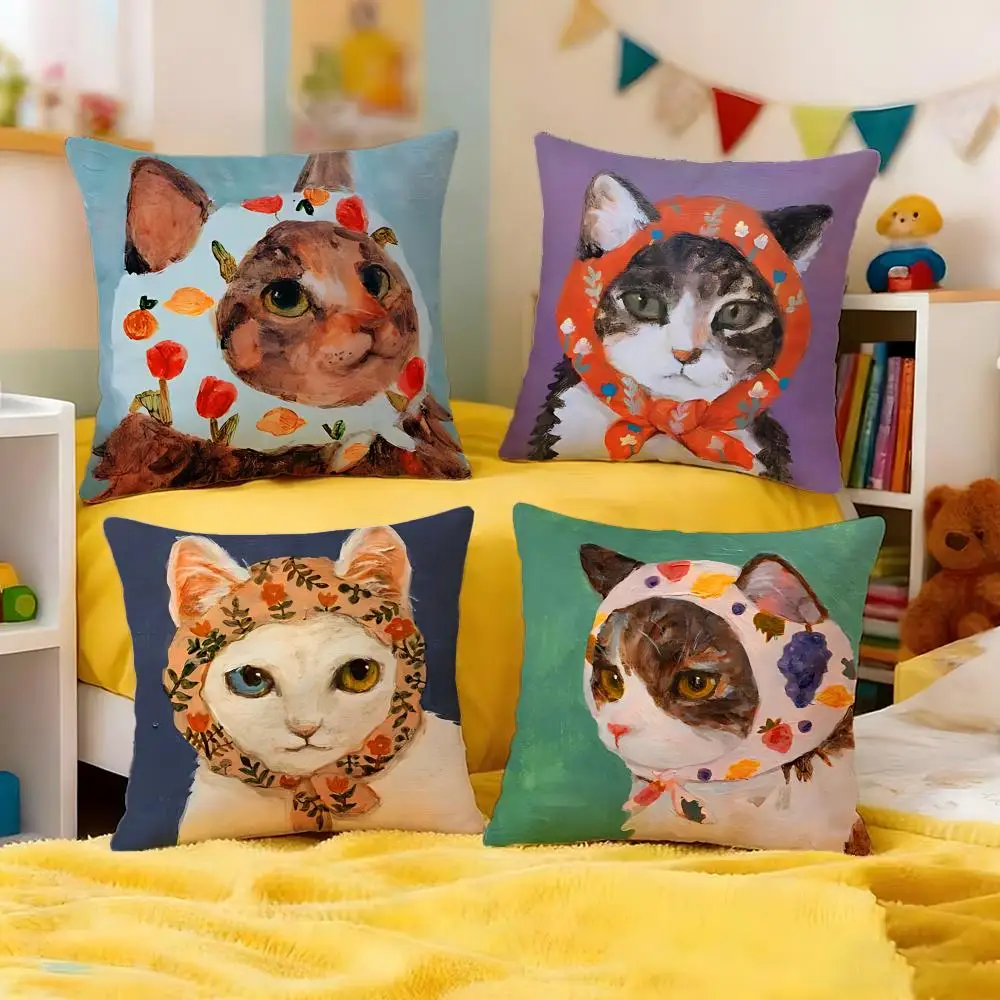 Adorable Headscarf Cat Collection Cushion Cover Premium Soft Pillowcase Skin-Friendly Breathable for Home Office Travel