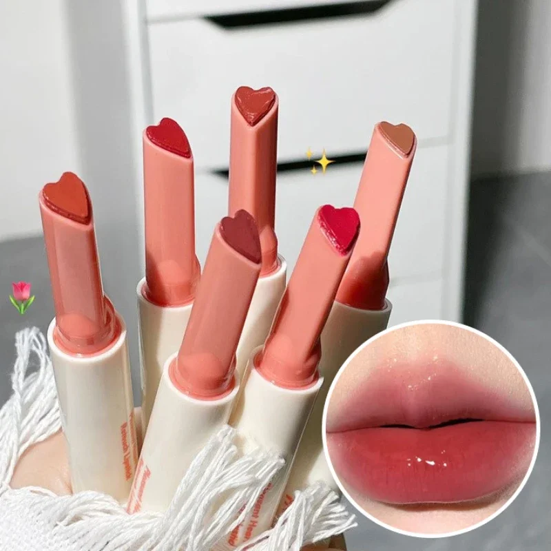 Lápiz labial en forma de corazón con luz de agua, cristal de espejo sólido, brillo de labios de gelatina de aceite transparente, tinte coreano, maquillaje, cosméticos para niñas