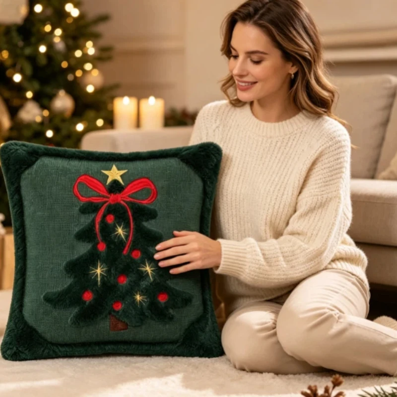 Christmas Tree Bow Pillowcase Soft Velvet Embroidered Cushion Bedding Sets And Components Pillow Cover Christmas Ornaments 2026