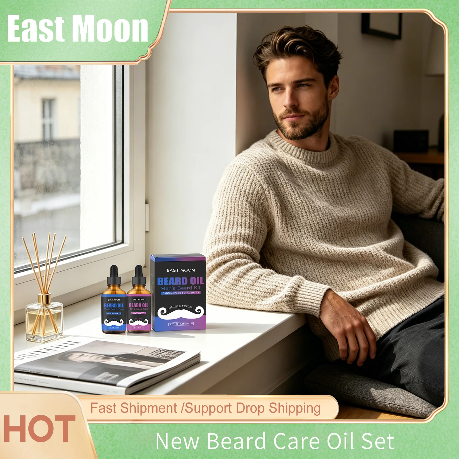 

East Moon Man Beard Care Oils Kit Improve Glide Reducing Friction Lasting Smooth Christmas Gift Set Oil Control Beard Grow Serum