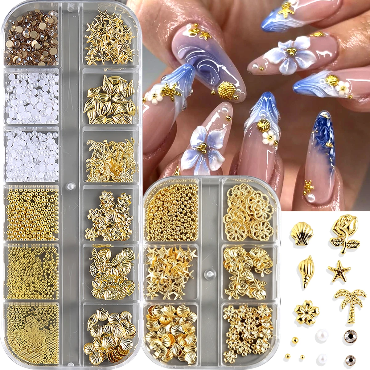 3D-Metallic-Nagelkunst-Dekorationen, darunter Muscheln, Blumen, Kokospalmen, Seestern-Nagelkunst und Perlen-/Strass-Nagelkunst.