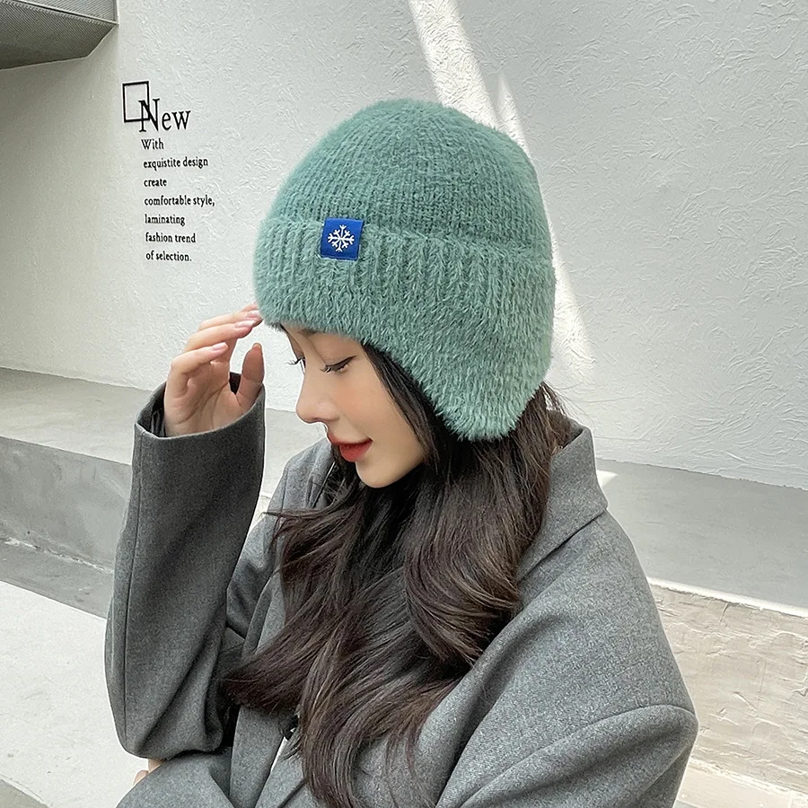 New Women Candy Colors Earflap Winter Hat Fashion Faux Fur Knitted Hat Kpop Style Soft Beanie Hats Female Streetwear Cap