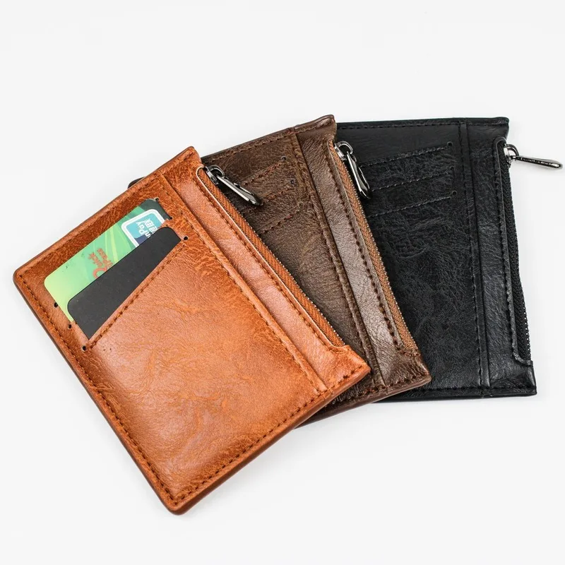 Portefeuille en cuir avec fermeture éclair pour homme, porte-monnaie vintage mince et court, porte-cartes de crédit