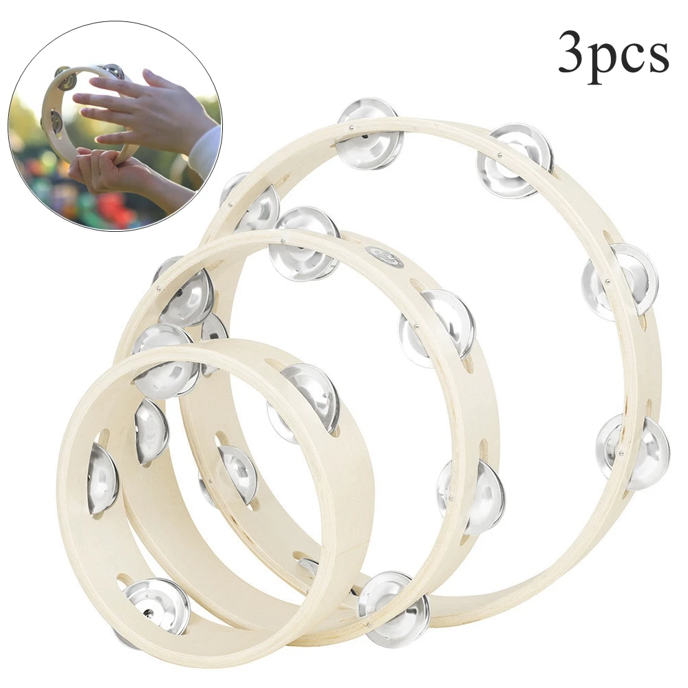 

3pcs Wood Tambourine Ring Handbell Hand Drum for Musical Education 6 8 10 inch Metal Jingles Bells Percussion Instrument Gifts