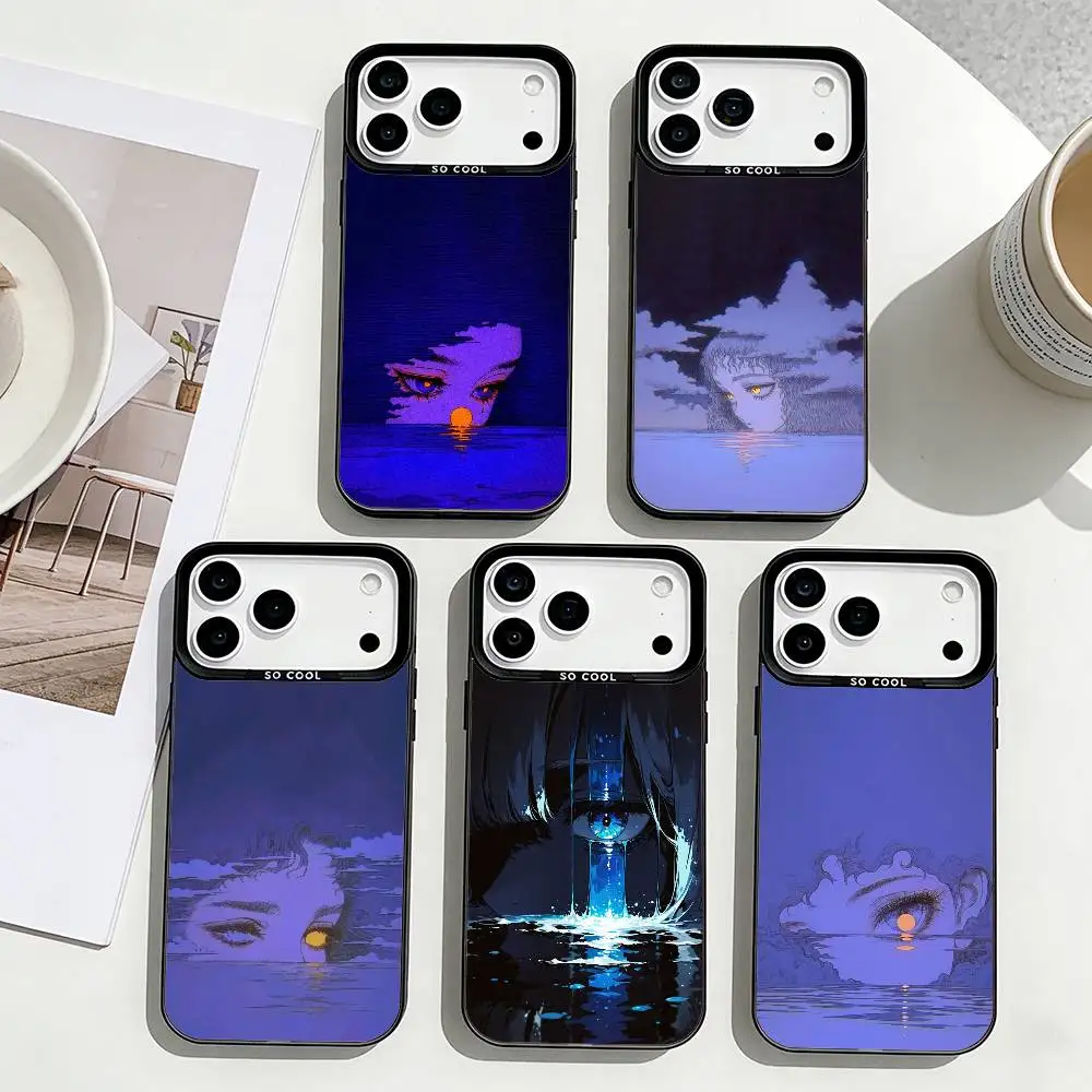 Funda para Teléfono con Diseño Artístico de Sueño Acuático Nocturno para iPhone 17, 16, 15, 14, 13, 12, Pro Max, Color Negro con Interior Plateado