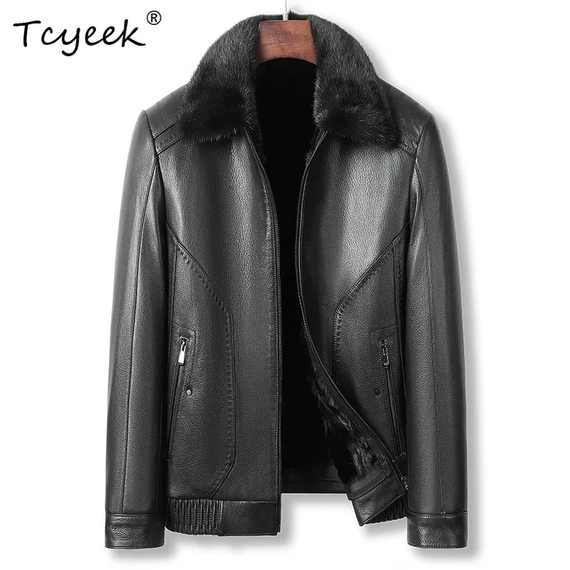 

Tcyeek Натуральная козья кожа Норковая внутренняя подкладка Осень Зима Высококачественная модная черная короткая мужская куртка из натуральной кожи с лацканами 가죽 자켓