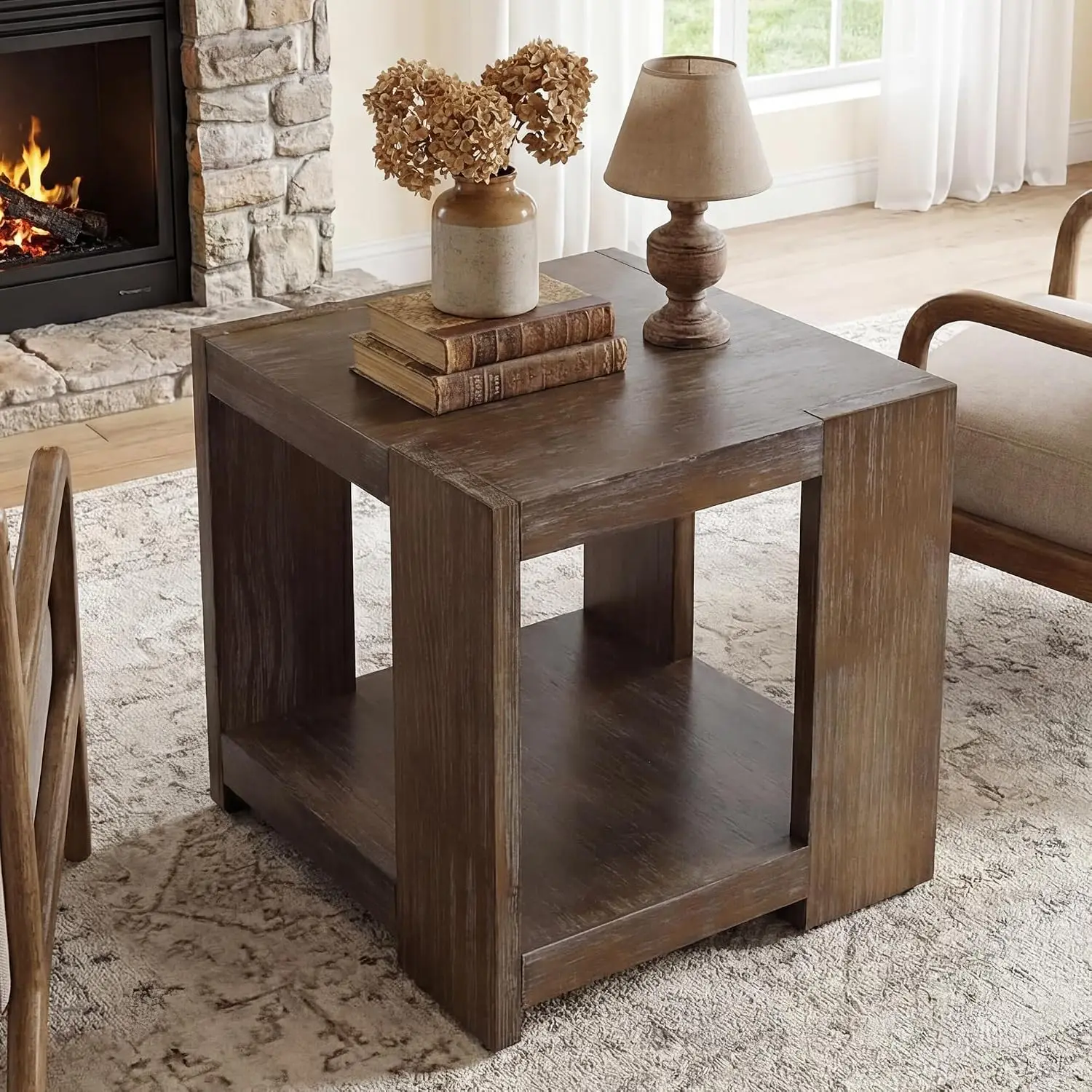 2-Tier Side Table Set of 2 Rectangular End Table Open Storage Farmhouse Accent Bedside Bedroom Brown, Customized