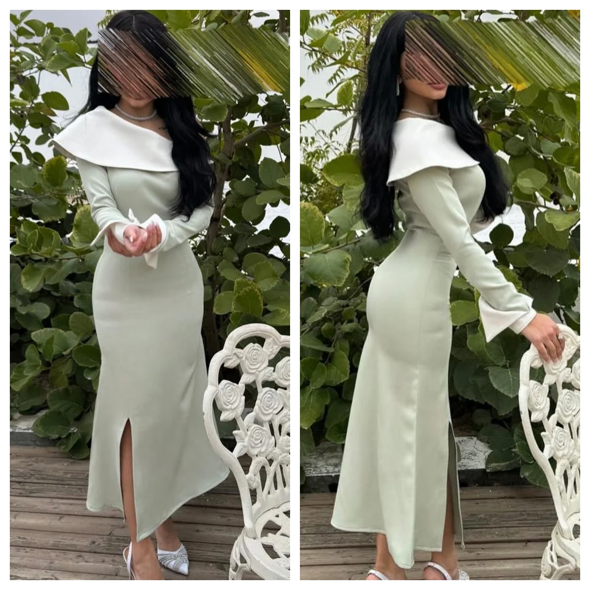 Gaun Malam Kustom Gaun Pesta Bahu Miring Kerah Tinggi Jersey Indah Gaun Acara Khusus Putri Duyung Halus