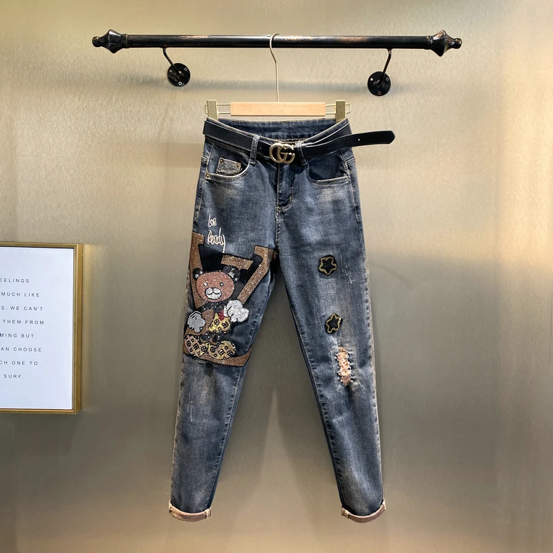 

Trendy Loose Fit Women's Jeans High Waist Straight Leg Diamond Bear Embellied Autumn Winter Faion Slimming Pants