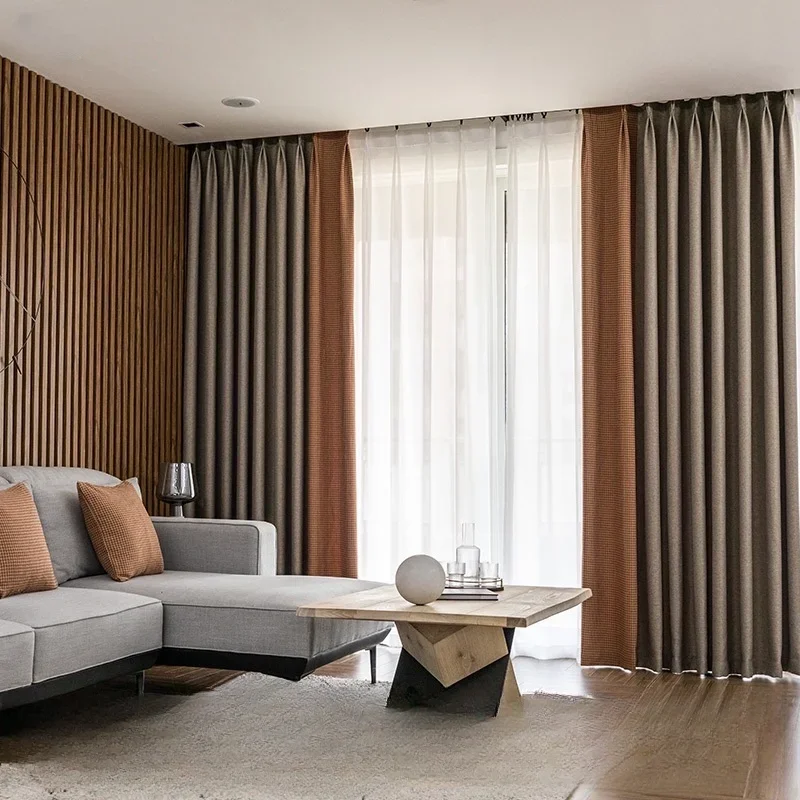 New Modern Light Luxury Curtains for Living Dining Room Bedroom Solid Color Stitching Orange Bird Grid Noble High Blackout