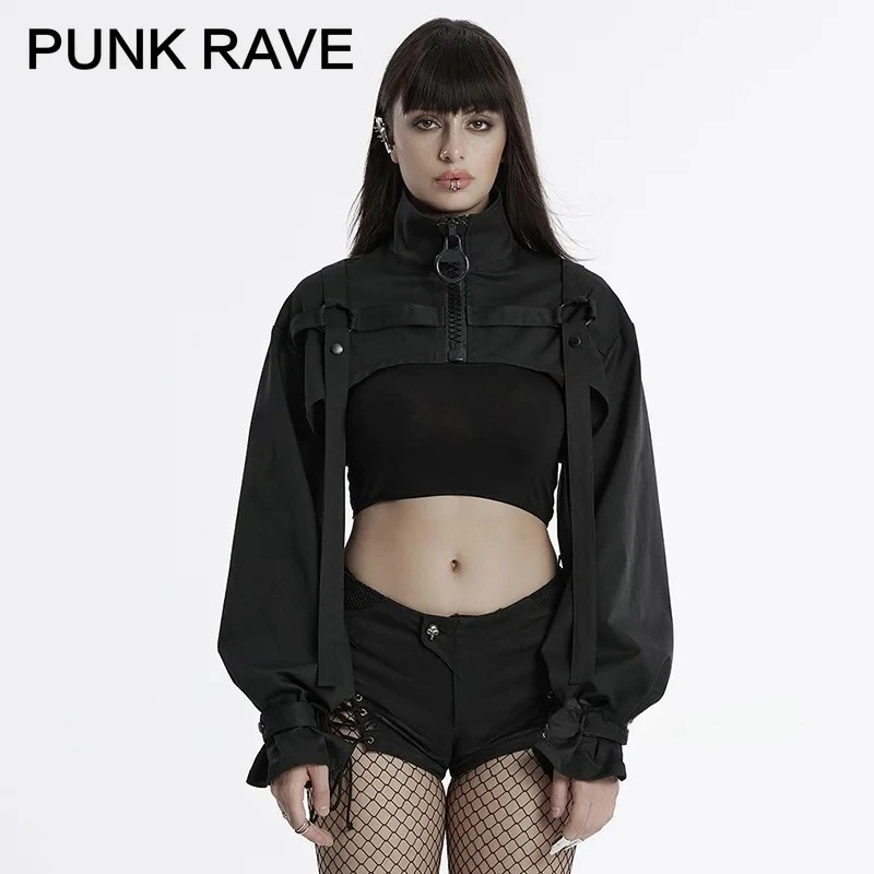 PUNK RAVE Women's Punk Textured Twill Cool Ultra Short Jacket Personalized Metal Loop Adjustable Cuffs Black Small Coat