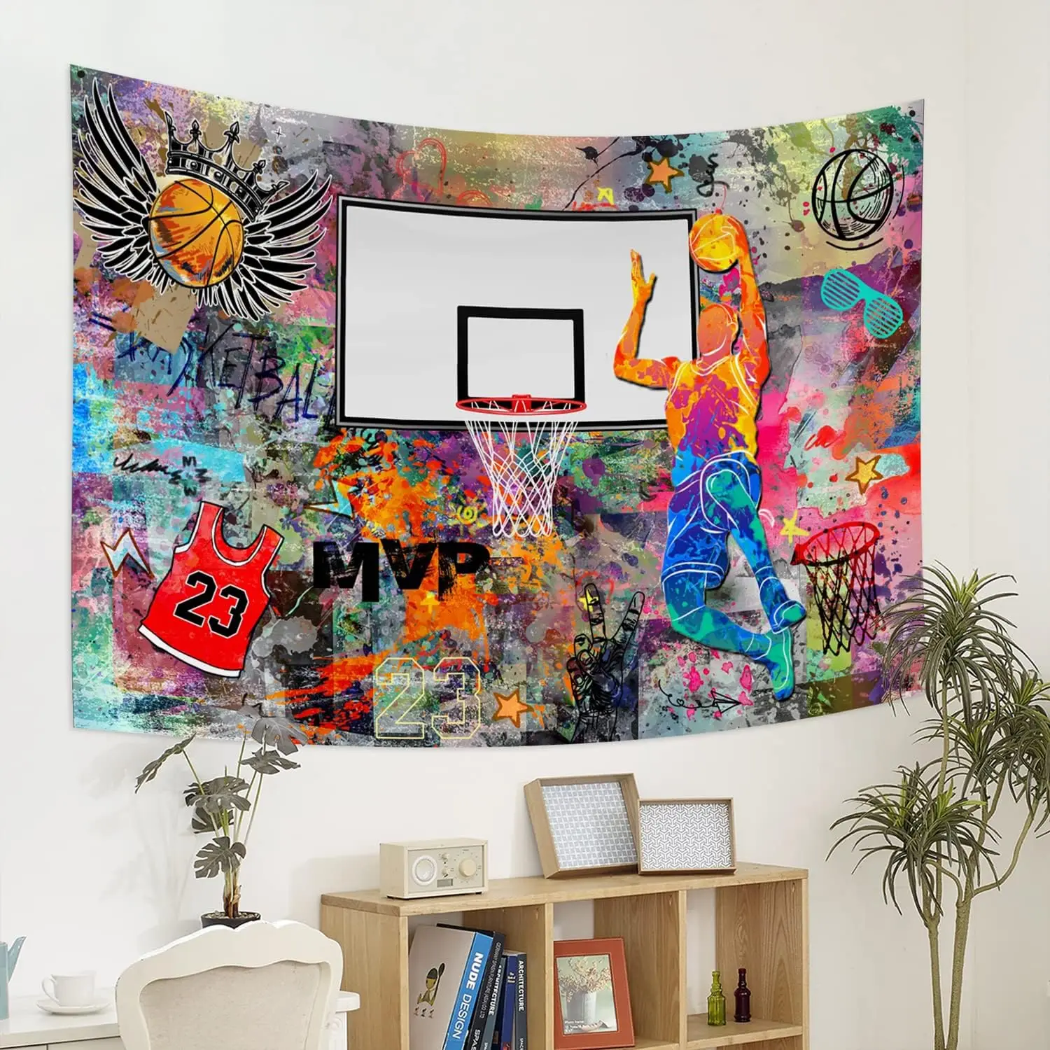 كرة السلة الكتابة على الجدران نسيج Mvp دونك الفن مع الهيب هوب تاج الشارع نمط نسيج الجدار الشنق للرجل الكهف النوم ديكور غرفة نوم #5
