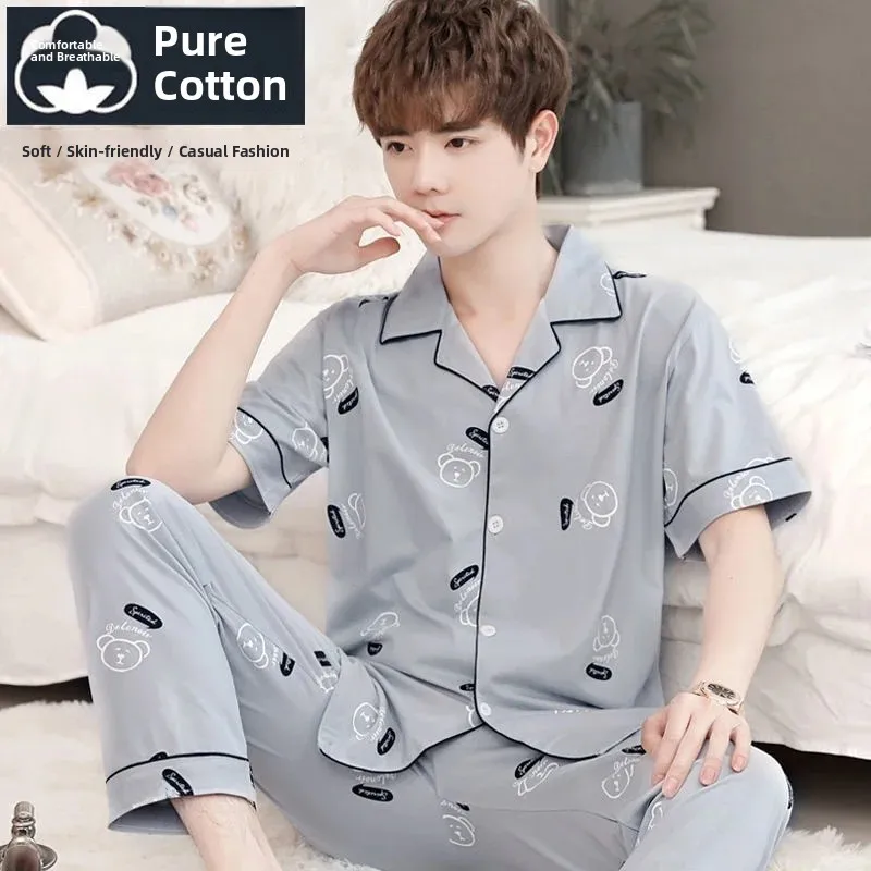 Men's Summer Lightweight Short Sleeve Pure Cotton Pajamas Set Comfortable Home Clothes round Neck Sleepwear for Teens And Adults